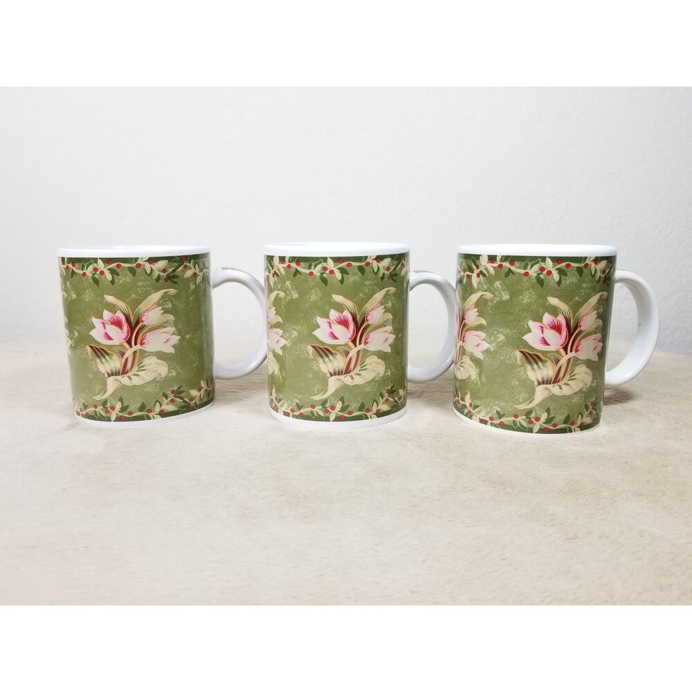 Moda Dallas Coffee Mug Teacup 10oz Green Floral 3 3/4" Stoneware Green x3 Vtg